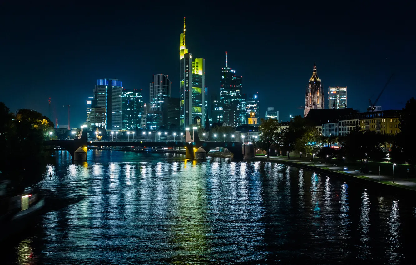 Photo wallpaper light, river, bridge, Frankfurt, Germany, night, tree, reflection