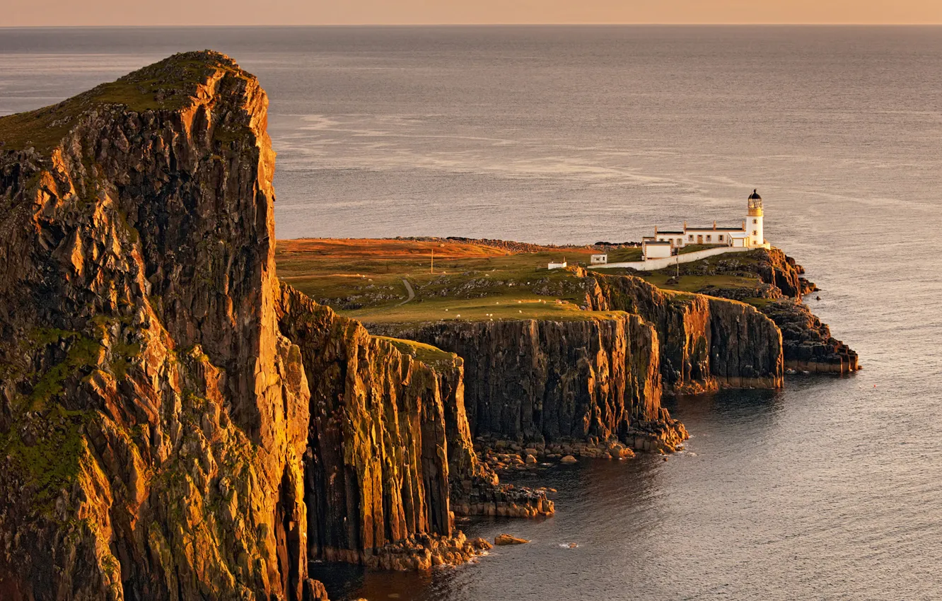 Photo wallpaper sea, sunset, rock, open, shore, landscapes, lighthouse, the evening