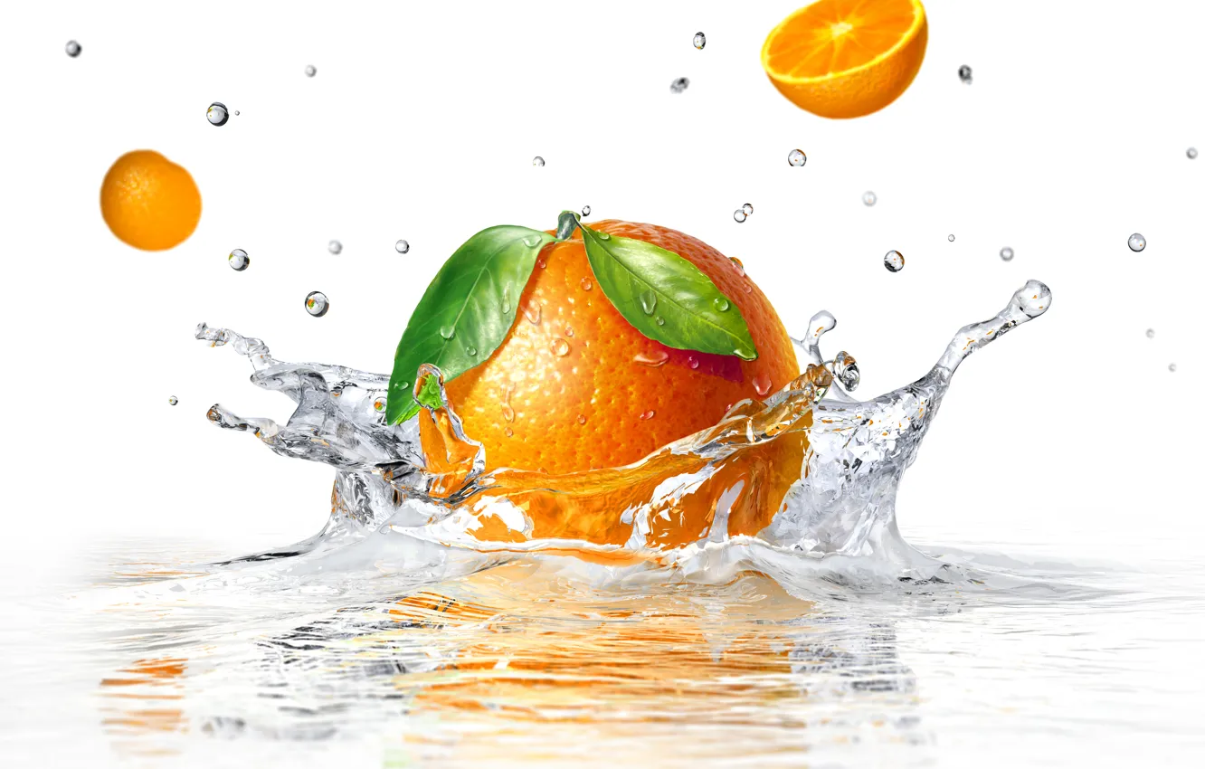 Photo wallpaper water, squirt, orange, white background, water, orange, white background, sprays