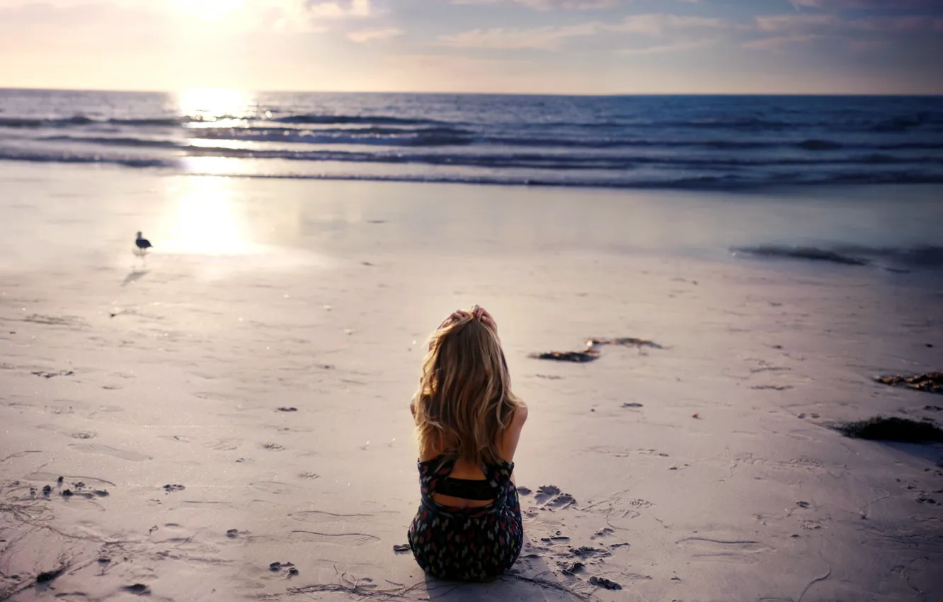 Photo wallpaper sea, beach, girl, mood