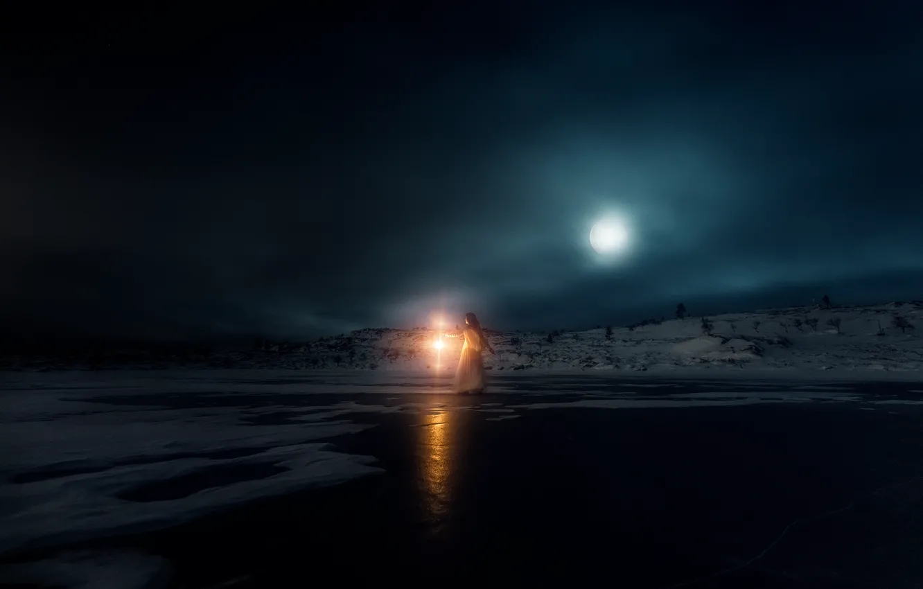 Photo wallpaper winter, girl, light, snow, night, darkness, the moon, shore