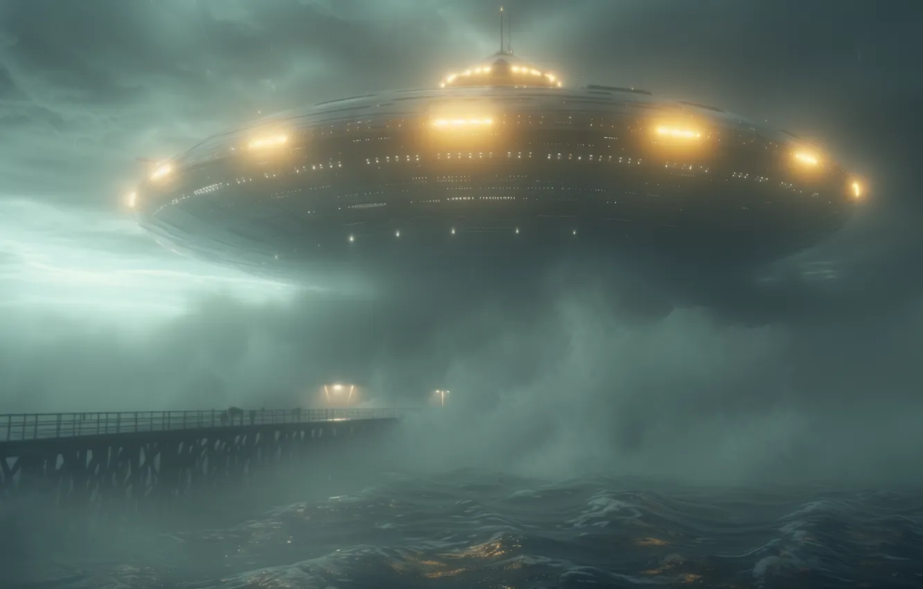 Photo wallpaper nature, fog, future, fiction, UFO, haze, spaceship, the futuristic