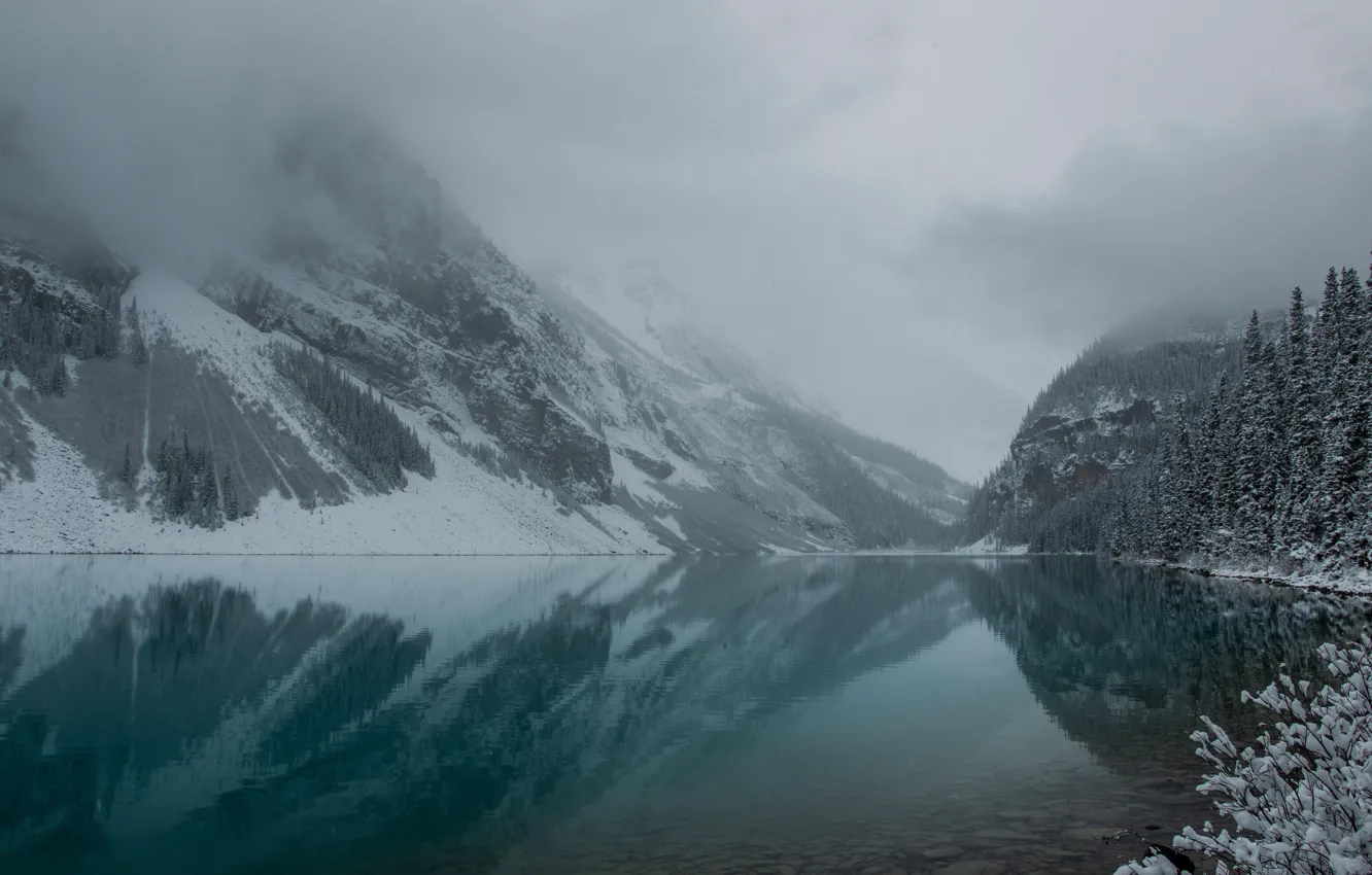 Photo wallpaper winter, the sky, snow, trees, mountains, clouds, nature, rocks