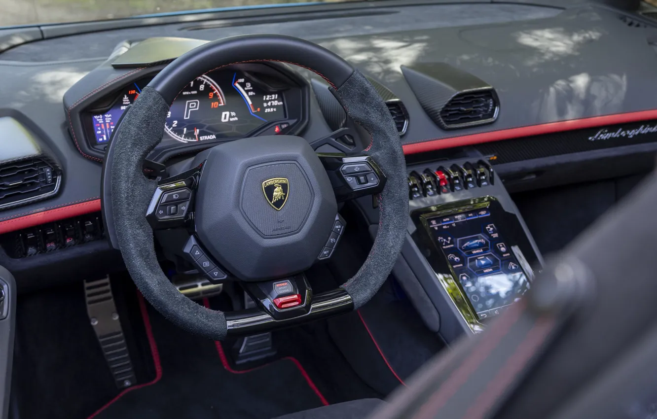 Photo wallpaper Lamborghini, steering wheel, Huracan, dashboard, torpedo, Lamborghini Huracan EVO Spyder