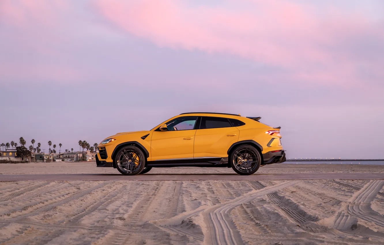 Photo wallpaper beach, sunset, the evening, Lamborghini, side view, Vorsteiner, crossover, Urus