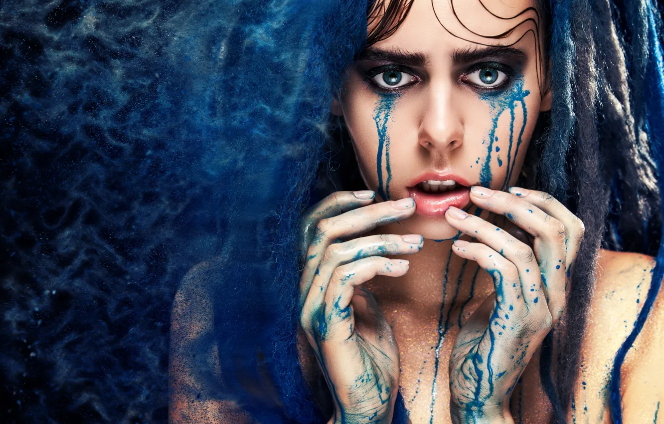 Photo wallpaper blue, drag, model, tears, look, pose, makeup