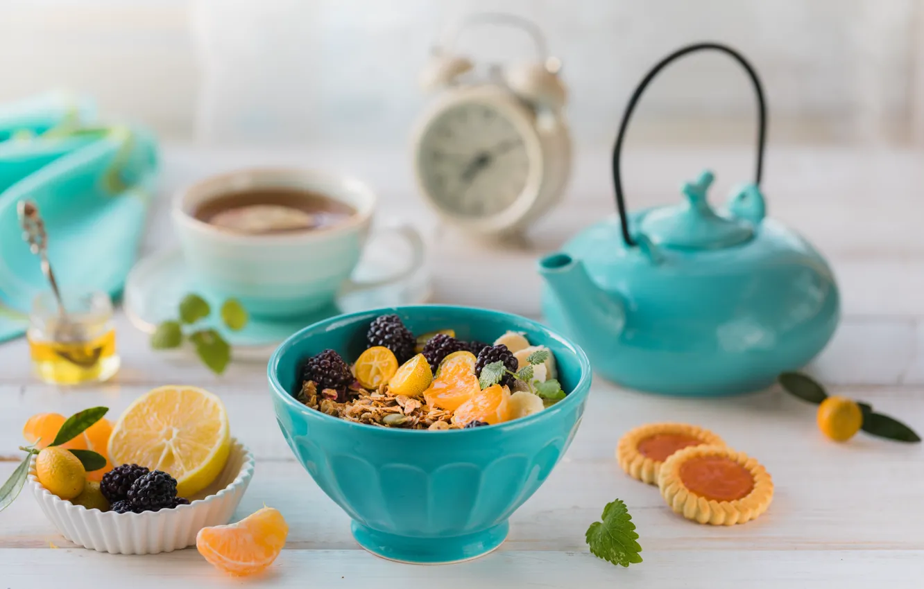 Photo wallpaper berries, tea, orange, Breakfast, kettle, cookies, Cup, BlackBerry