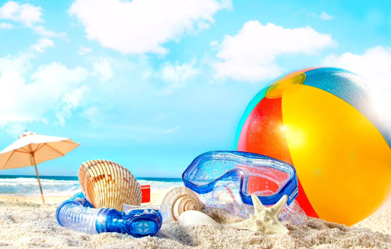 Photo wallpaper sand, beach, stay, the ball, tube, vacation, mask, shell
