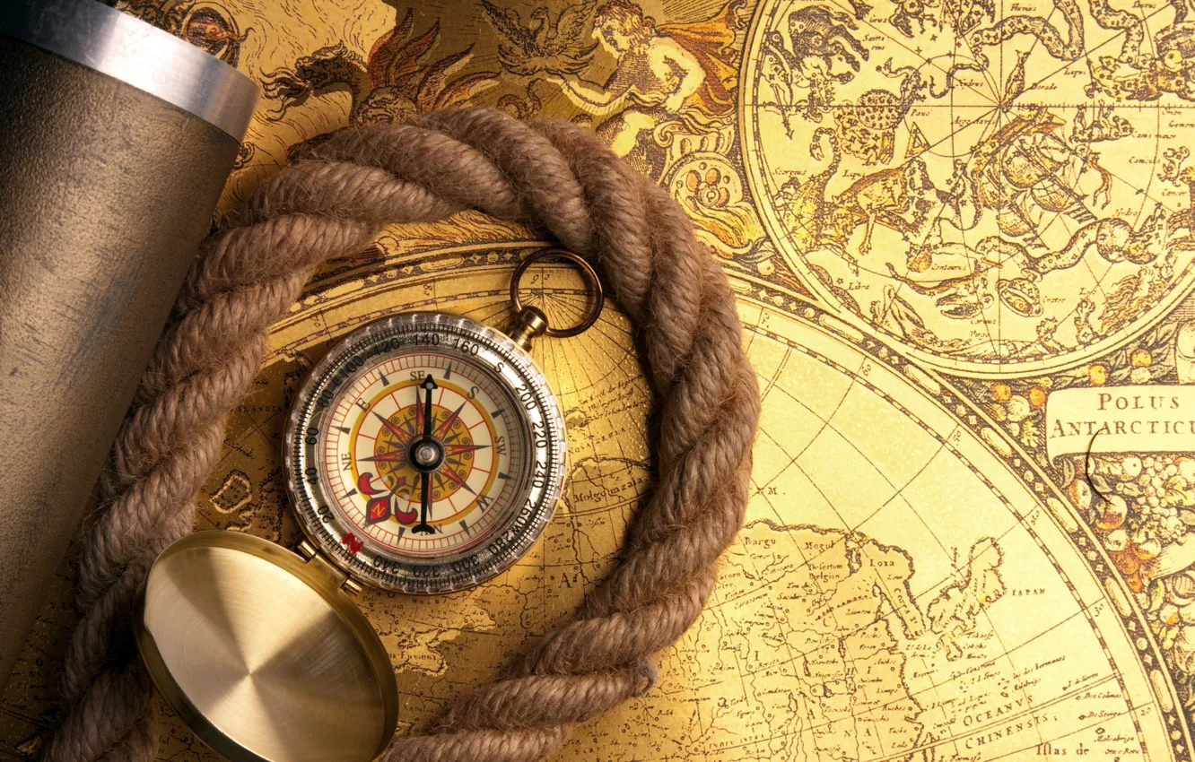 Photo wallpaper vintage, romance, compass, rope, Adventure, telescope, treasure hunt, old maps