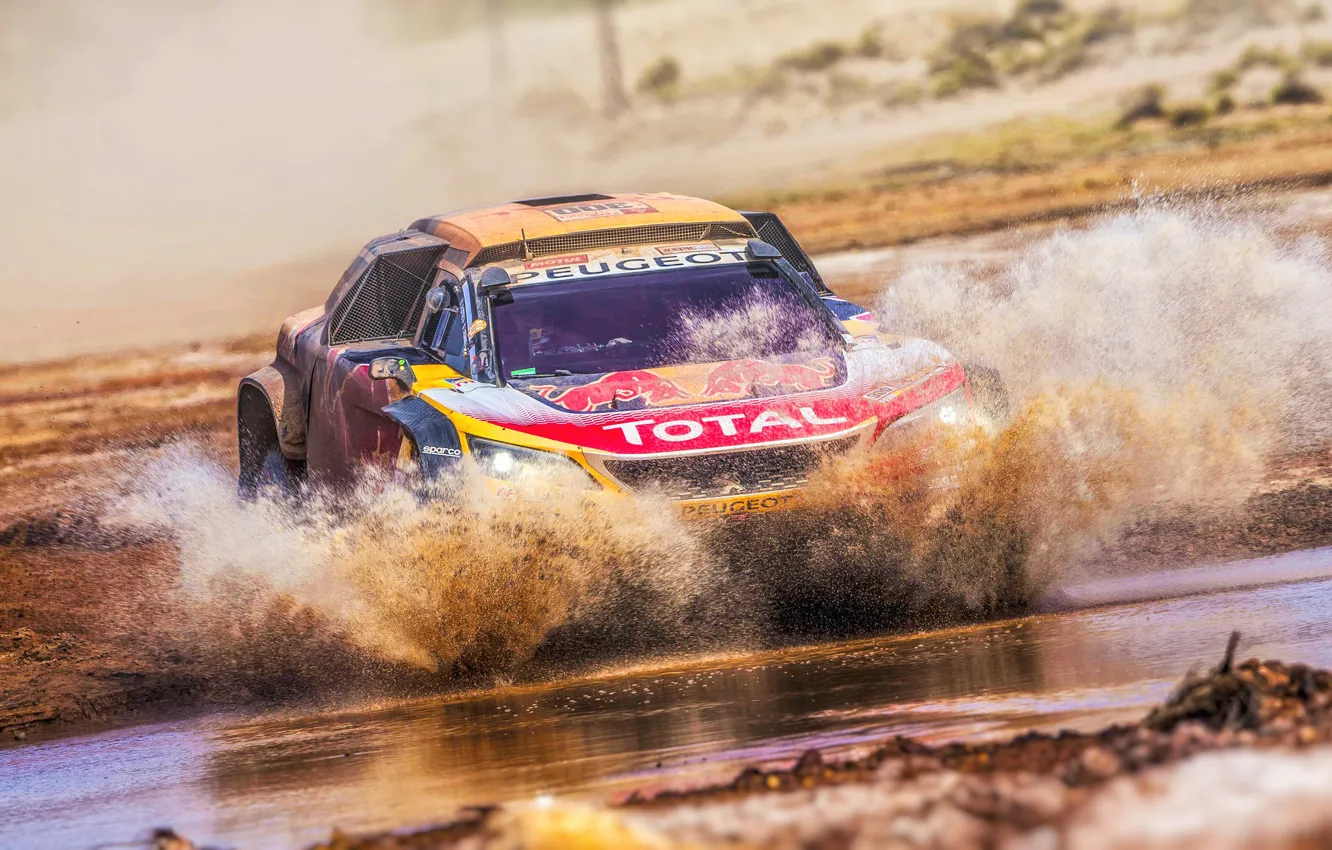 Photo wallpaper Water, Auto, Sport, Machine, Speed, Race, Dirt, Peugeot