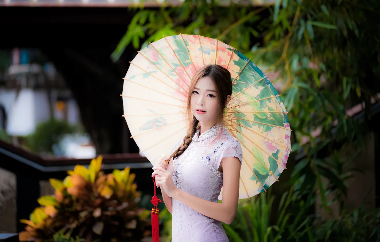 Photo wallpaper girl, pose, umbrella, dress, Asian, bokeh