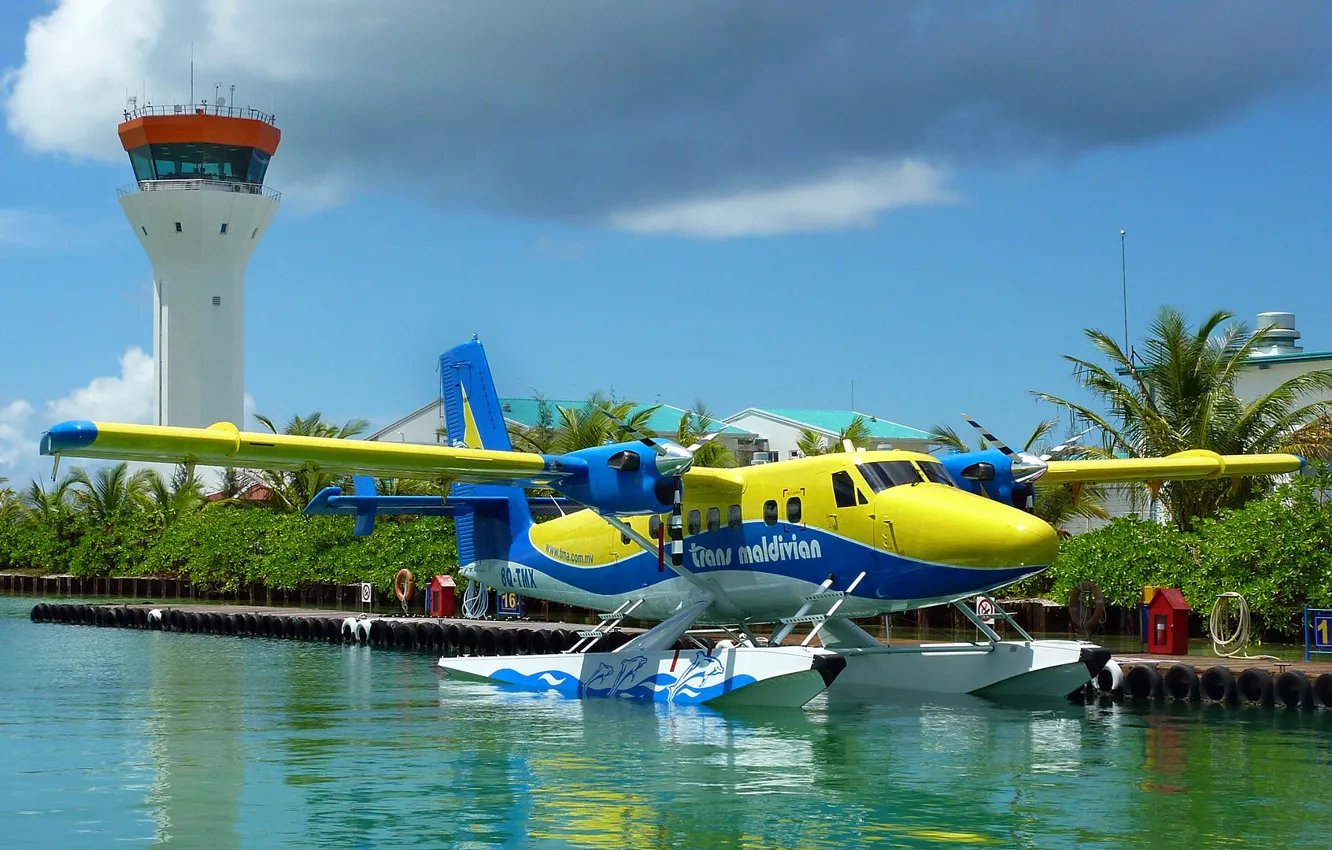 Photo wallpaper the sky, tower, Parking, the plane, amphibian