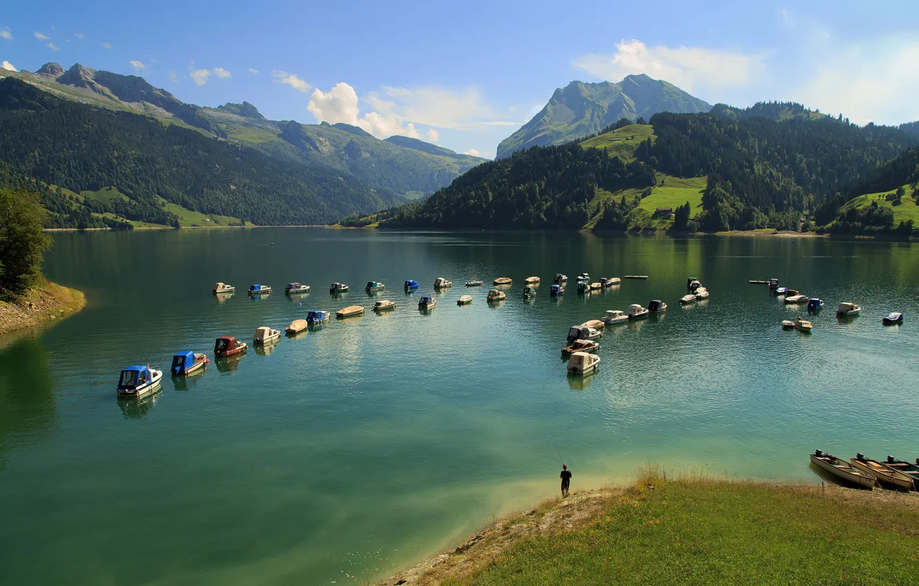 Photo wallpaper mountains, lake, boats, Switzerland, Alps, Switzerland, Alps, Innertal