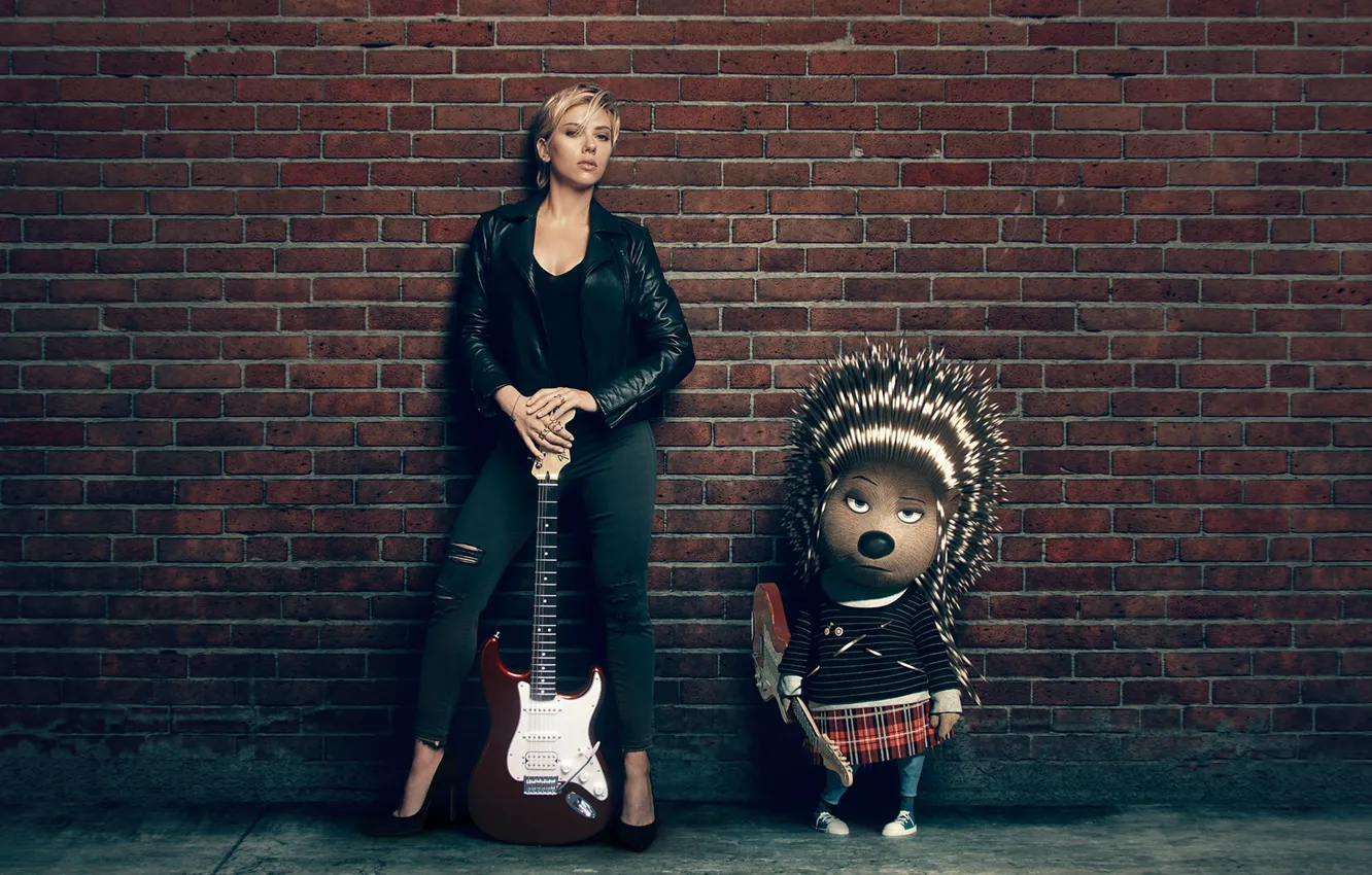 Photo wallpaper Scarlett Johansson, cinema, wall, guitar, woman, movie, animal, blonde