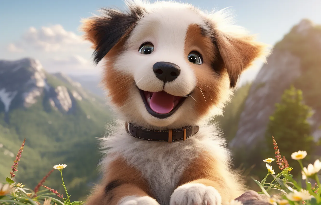 Photo wallpaper look, mountains, dog, puppy, digital art, AI art, The Art of Artificial Intelligence, neural network