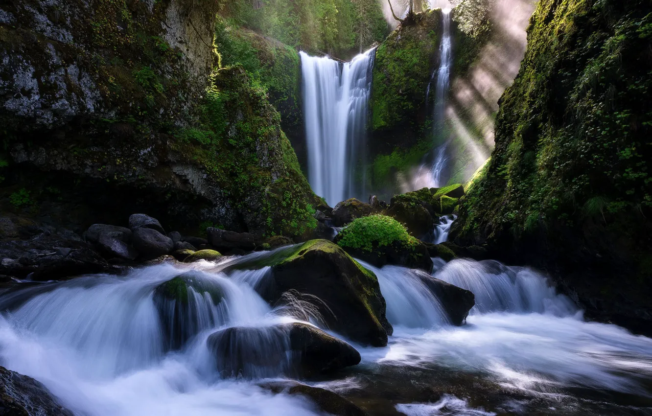 Photo wallpaper rays, light, nature, stones, waterfall, USA, national Park, reserve
