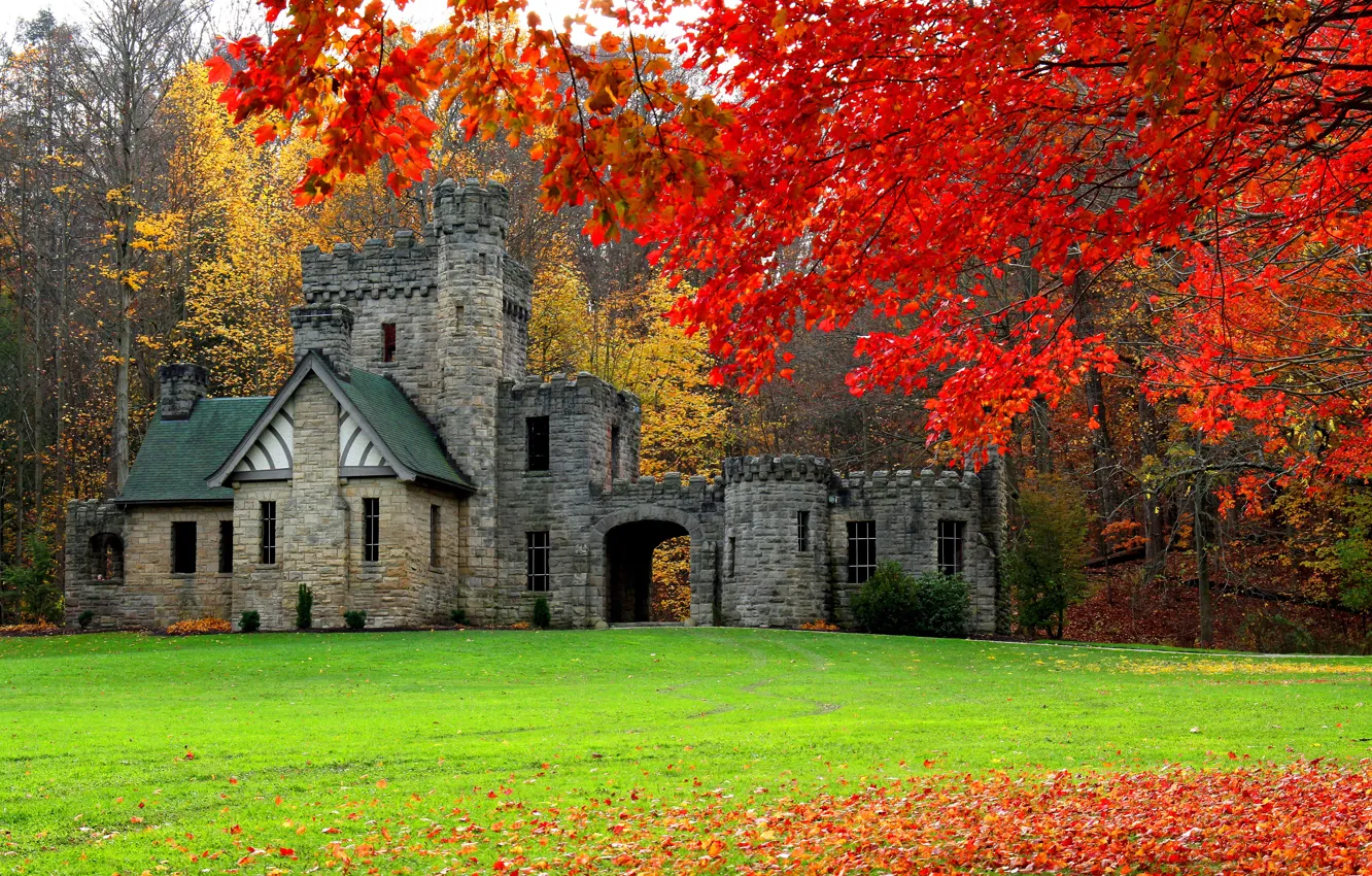 Photo wallpaper autumn, forest, castle, USA, Cleveland, Squire's Castle