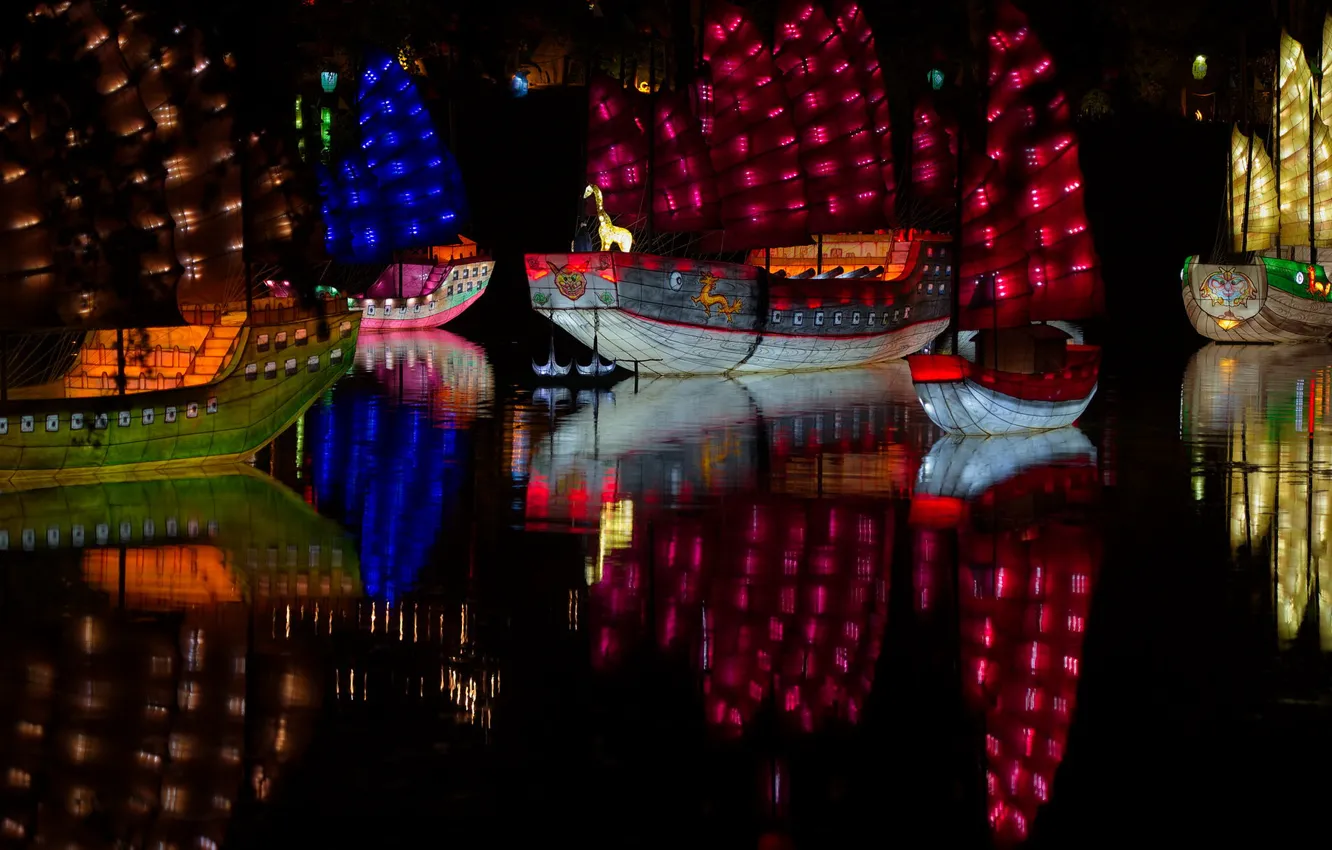 Photo wallpaper night, lights, Park, boat, ship, parade, pond