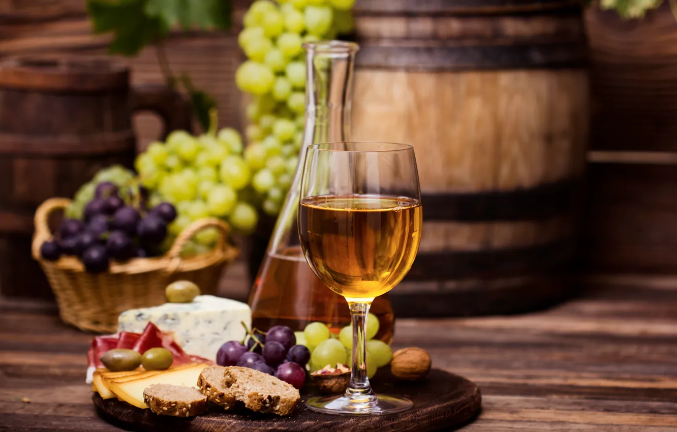 Photo wallpaper wine, cheese, bread, grapes, wood, cutting, decanter, cutting Board