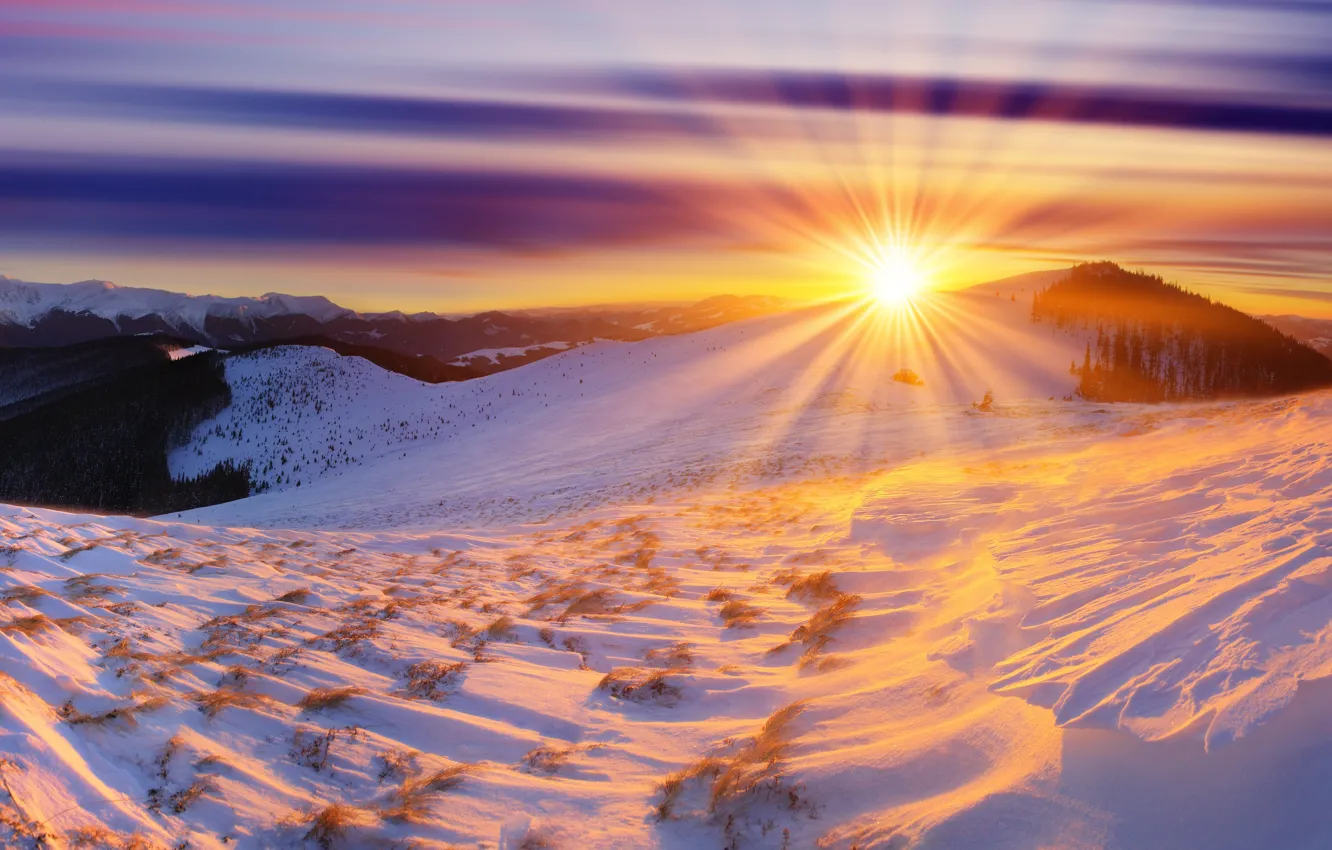 Photo wallpaper winter, the sun, snow, mountains, dawn