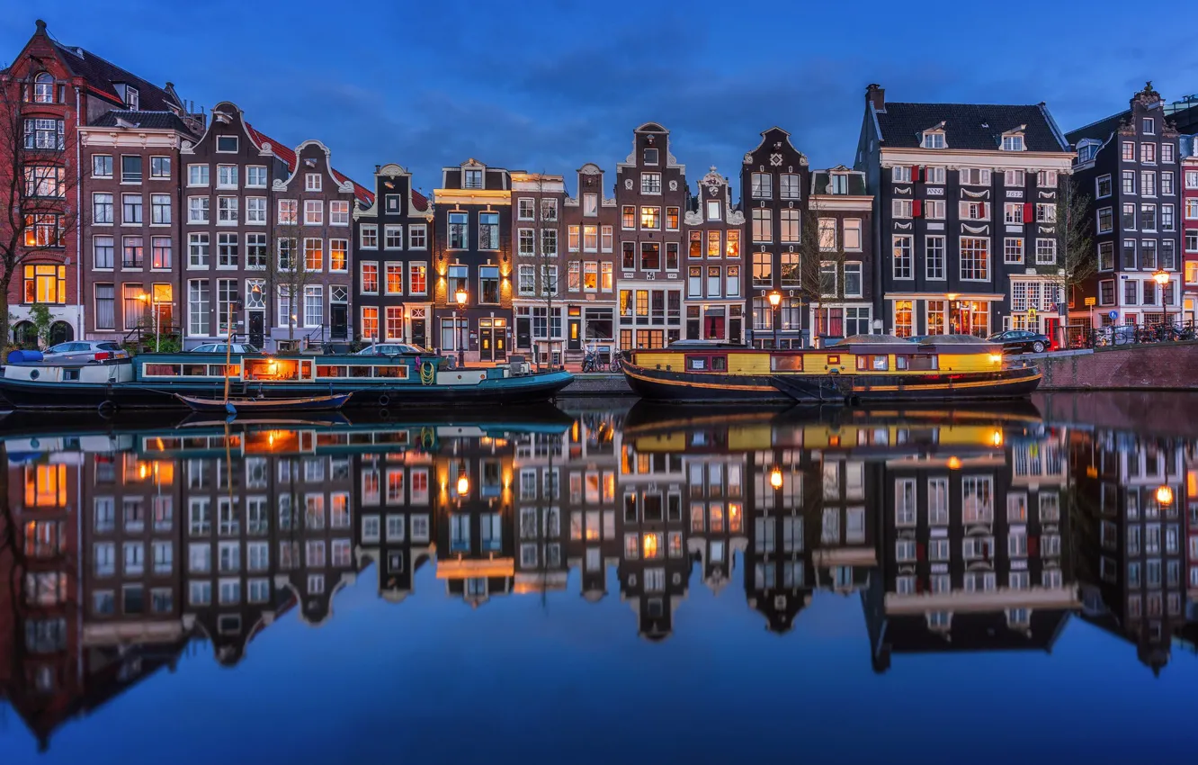 Photo wallpaper night, lights, river, home, Amsterdam, Netherlands
