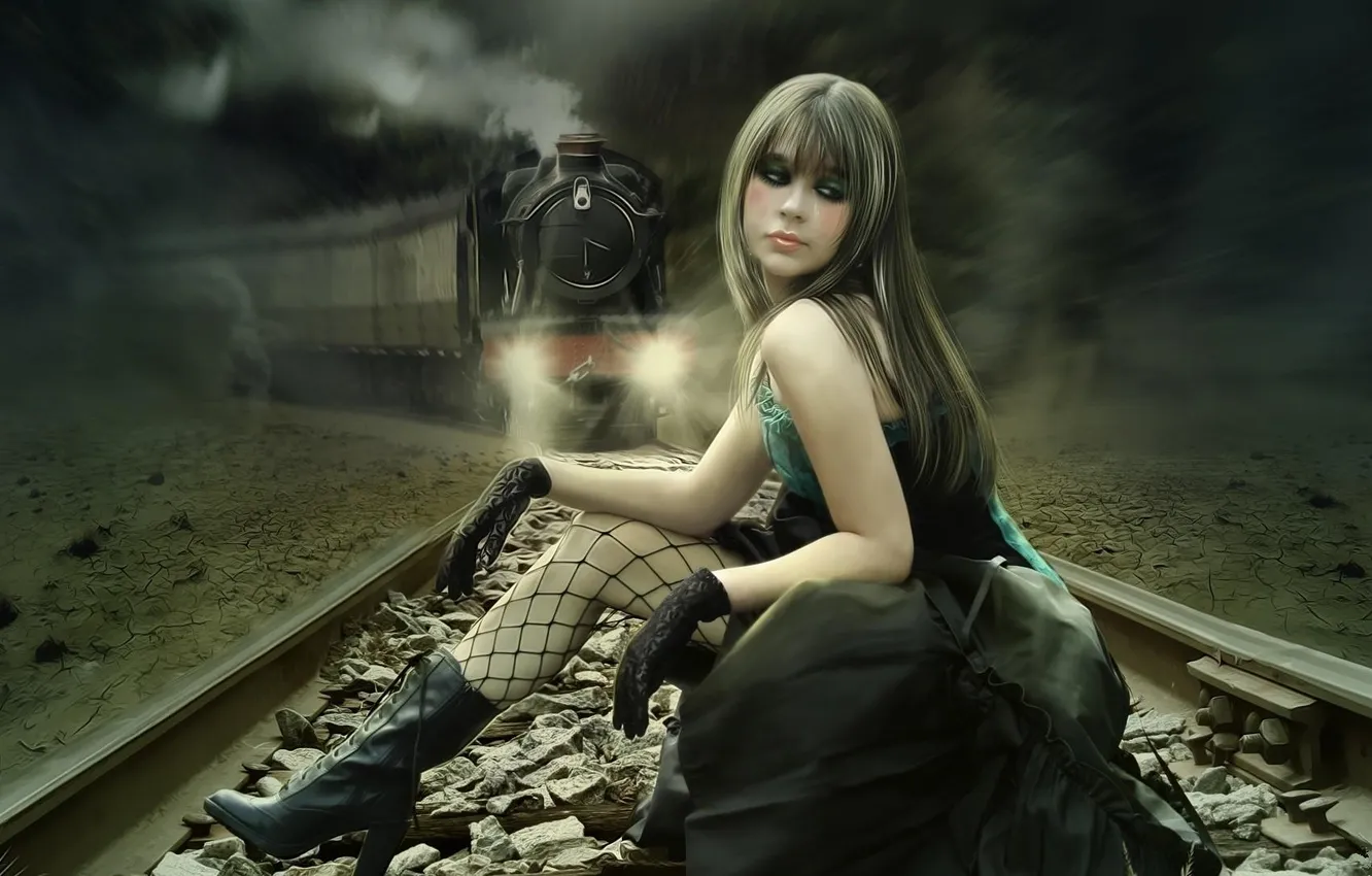 Photo wallpaper girl, rails, train