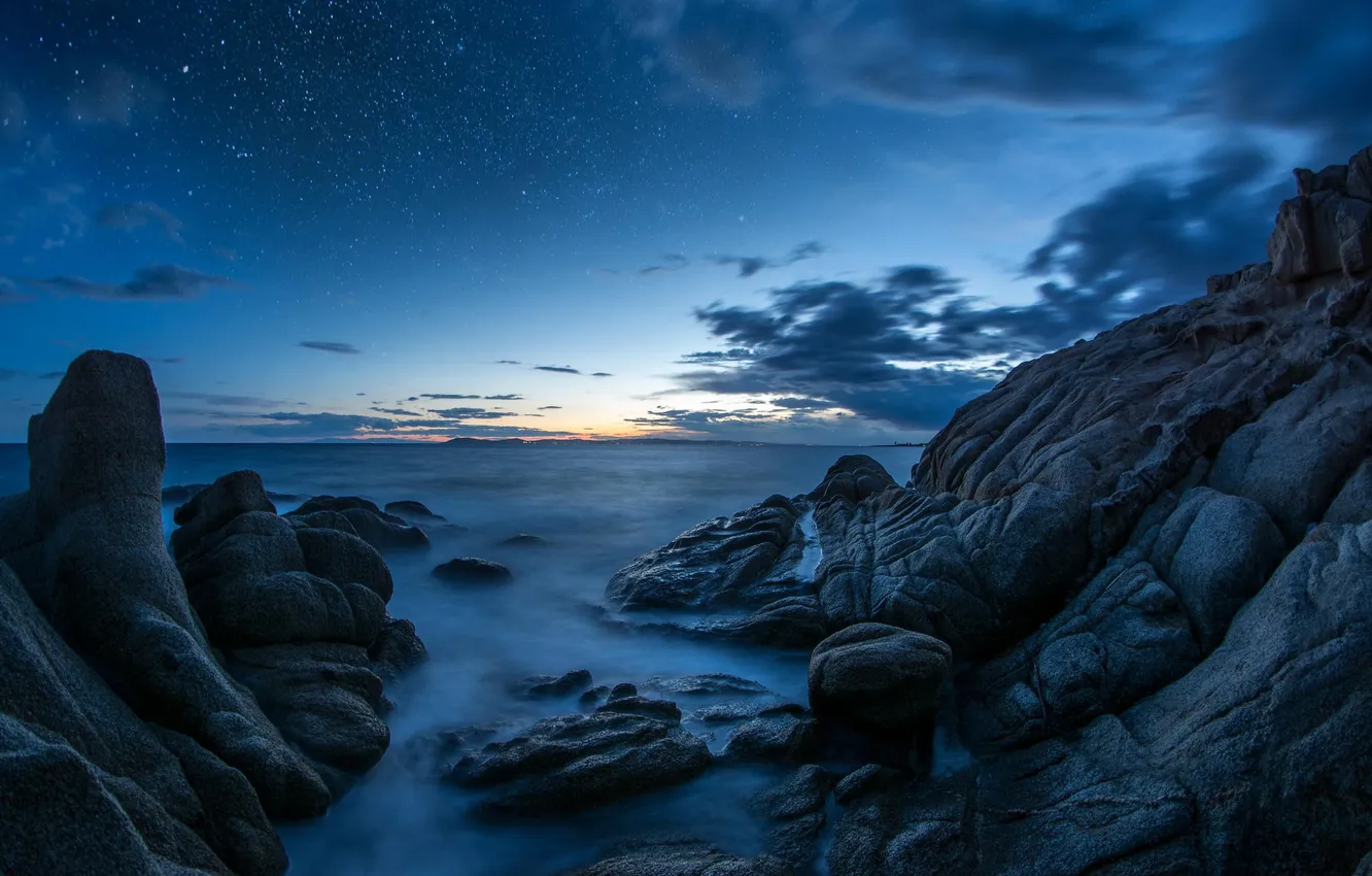 Photo wallpaper sea, stars, night, nature, rocks, shore