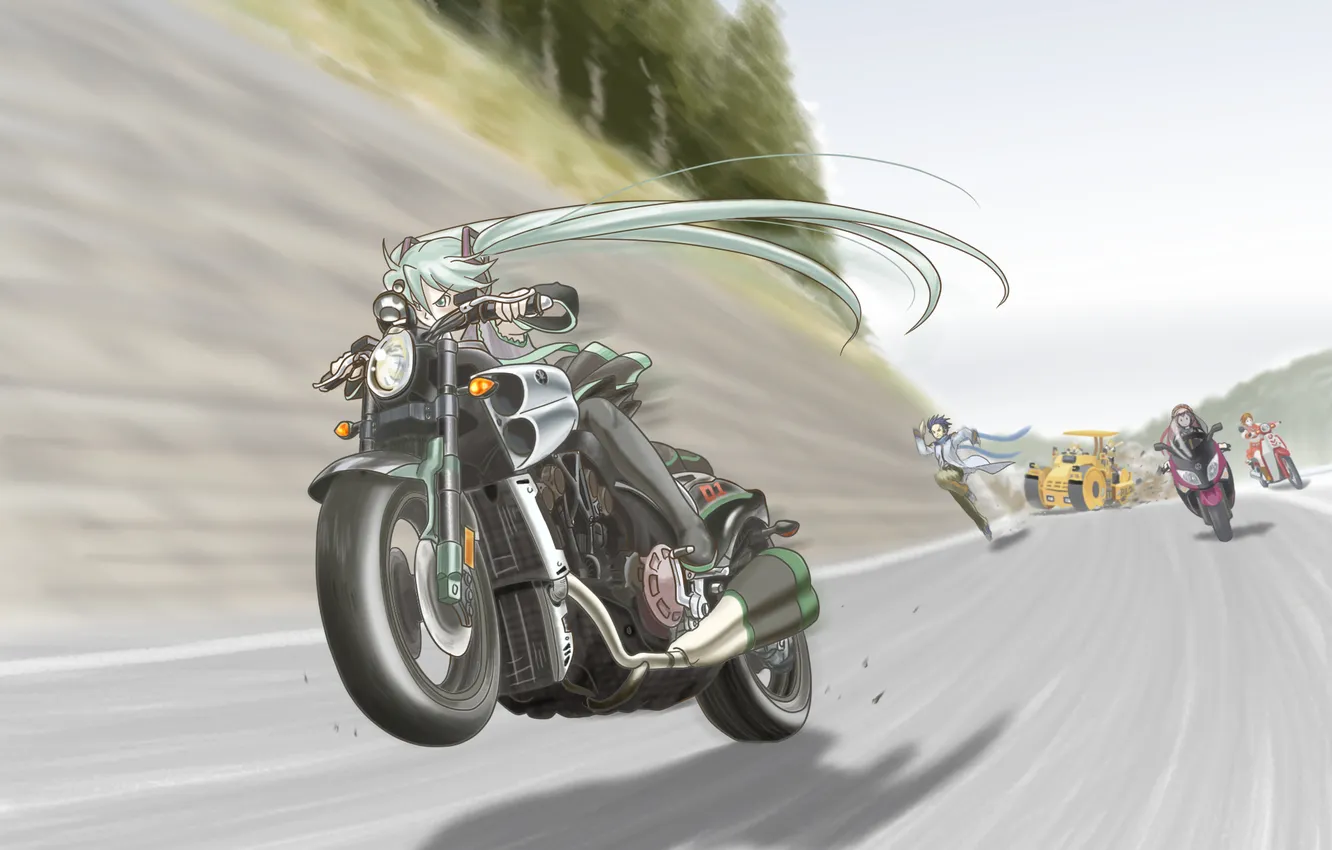 Photo wallpaper road, nature, art, motorcycle, vocaloid, hatsune miku, megurine luka, kagamine rin