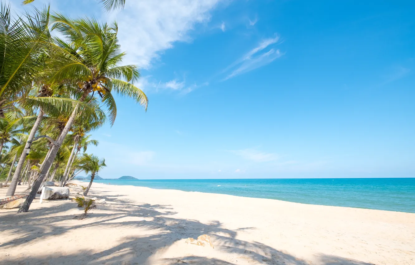 Photo wallpaper sand, sea, wave, beach, summer, the sky, palm trees, shore
