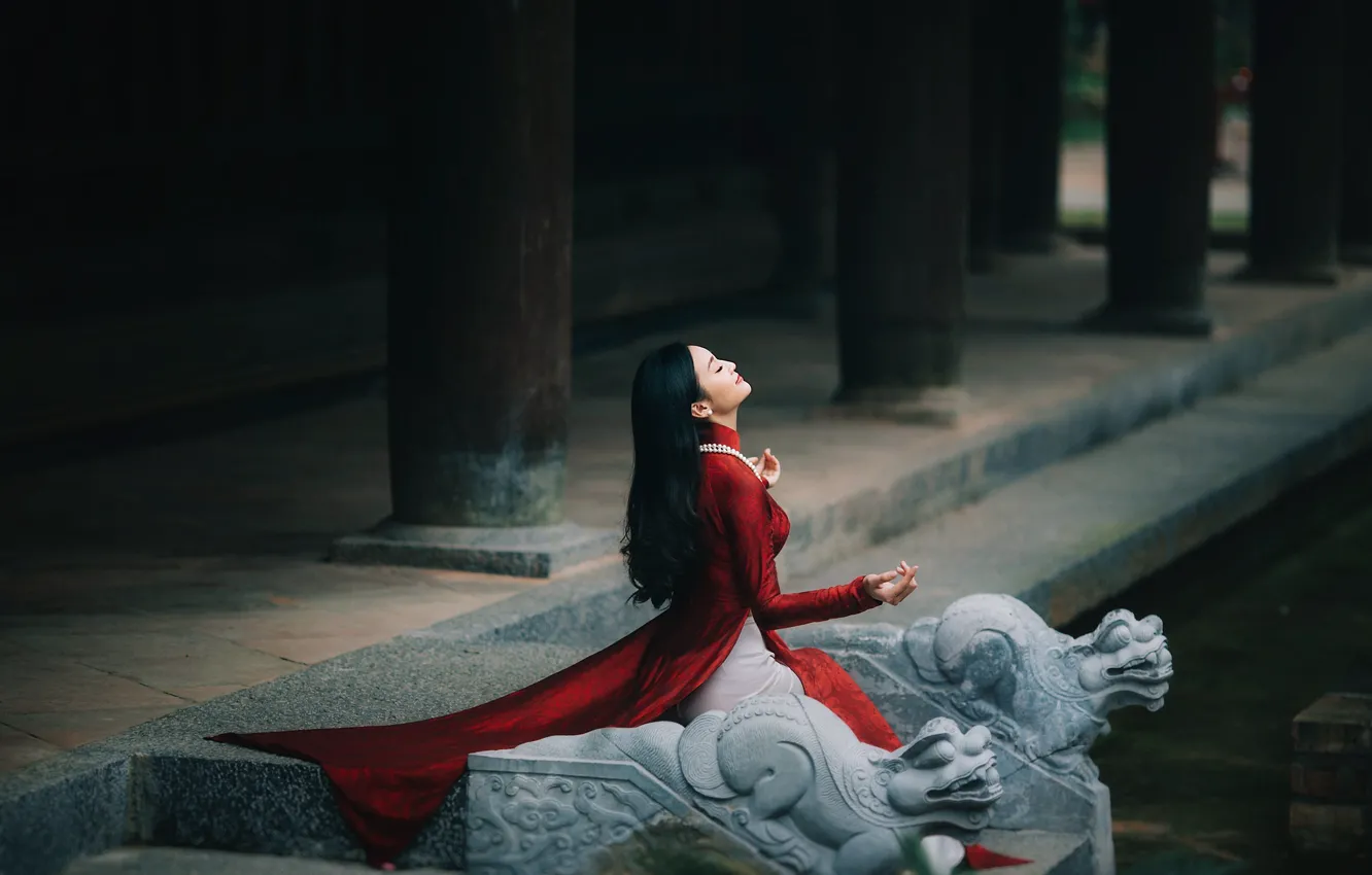 Photo wallpaper girl, pose, meditation, Asian, sitting, red dress, closed eyes