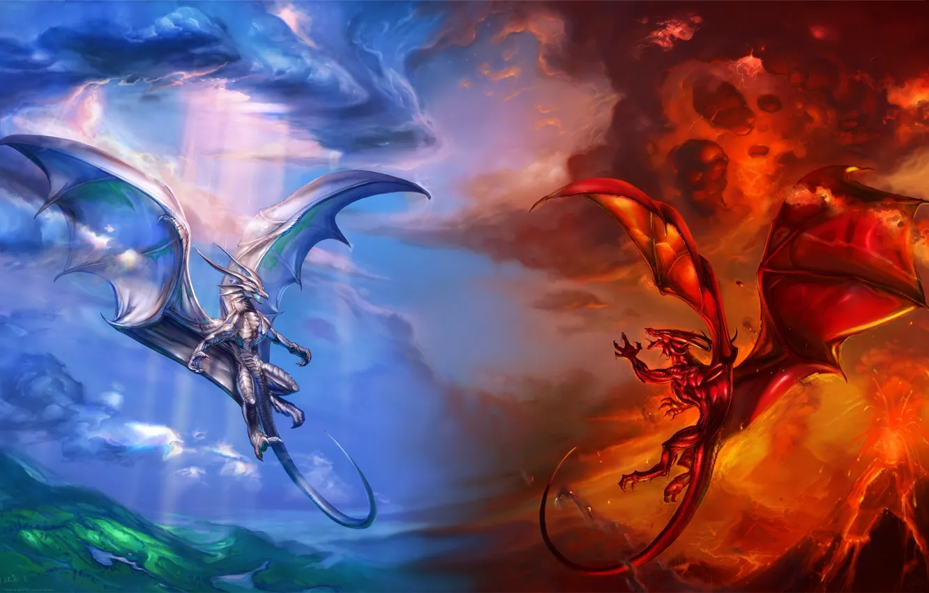 Photo wallpaper clouds, blue, red, clouds, lights, dragon, the volcano, the air