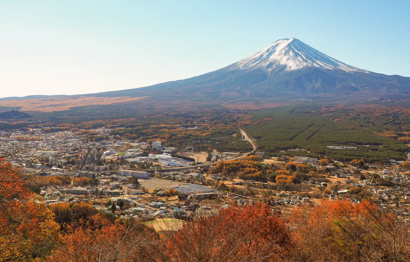 Photo wallpaper mountains, the city, the volcano, panorama