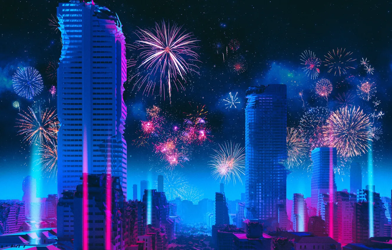 Photo wallpaper Night, The city, Salute, Style, Skyscrapers, Background, City, Fantasy
