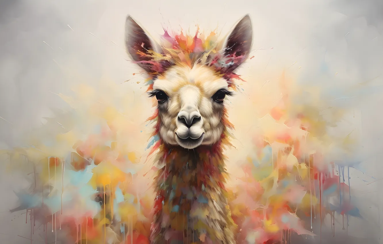 Photo wallpaper face, paint, portrait, strokes, Lama, AI art, neural network