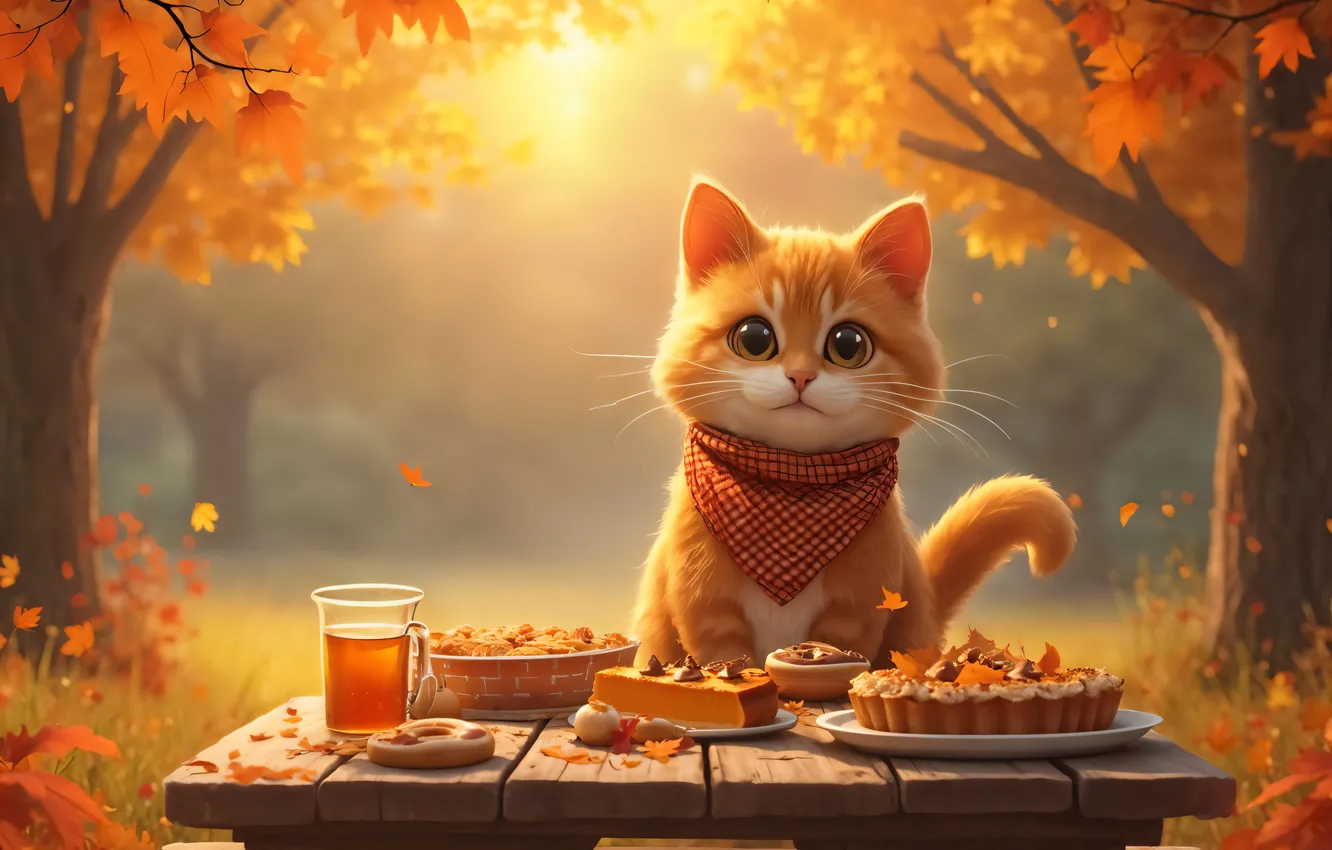 Photo wallpaper autumn, cat, look, the sun, light, trees, branches, glass