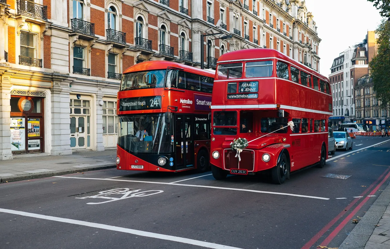 Photo wallpaper asphalt, sign, London, UK, double-decker buses