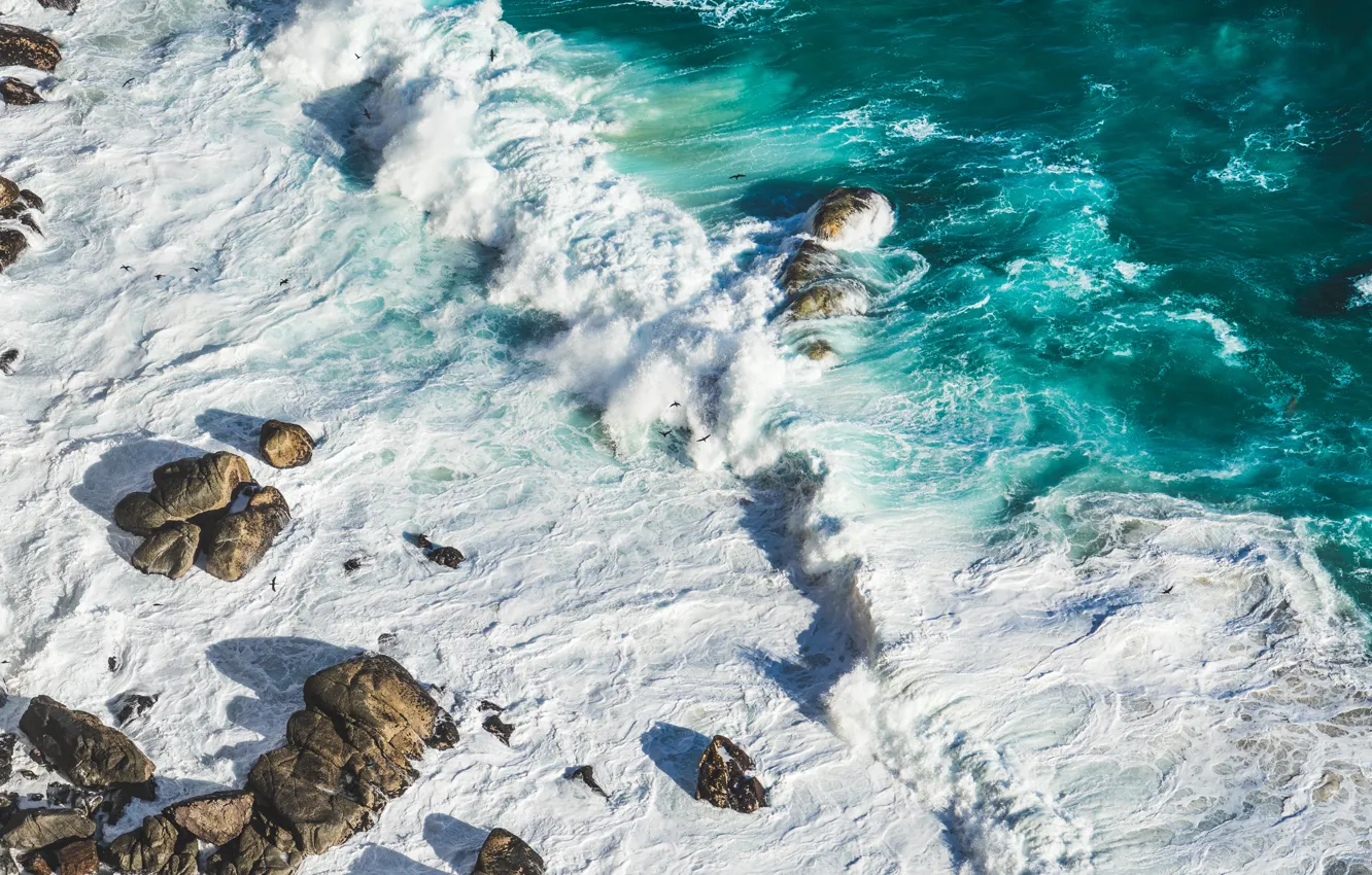 Photo wallpaper sea, foam, water, stones, the ocean, shore, surf, the view from the top