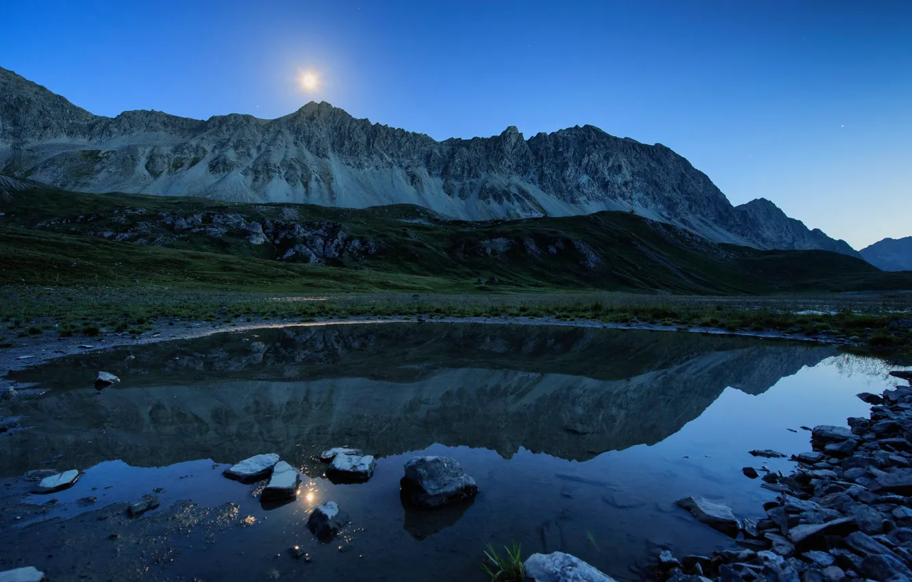 Photo wallpaper landscape, mountains, lake, surface, reflection, blue, stones, hills