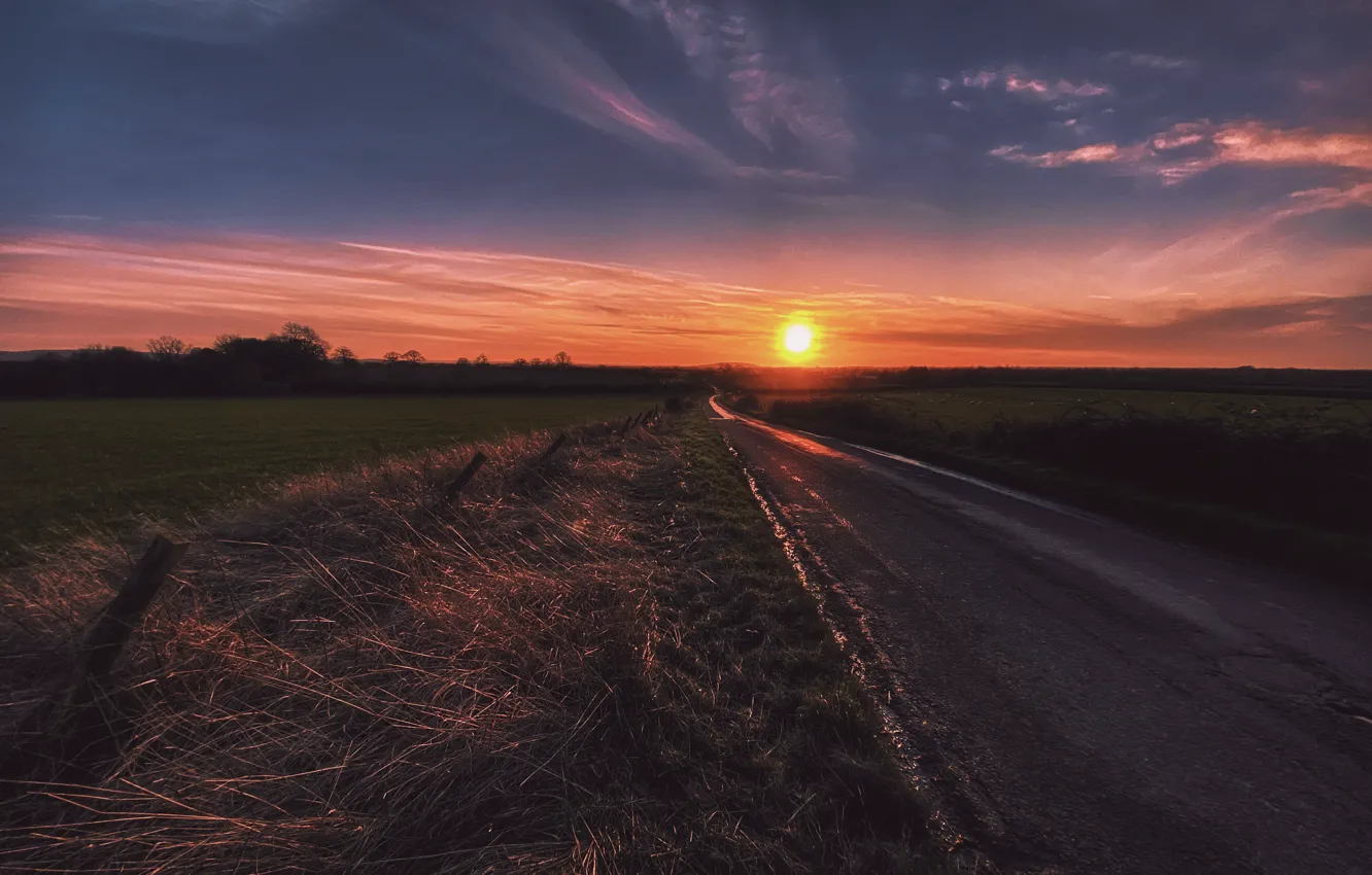 Photo wallpaper road, field, sunset