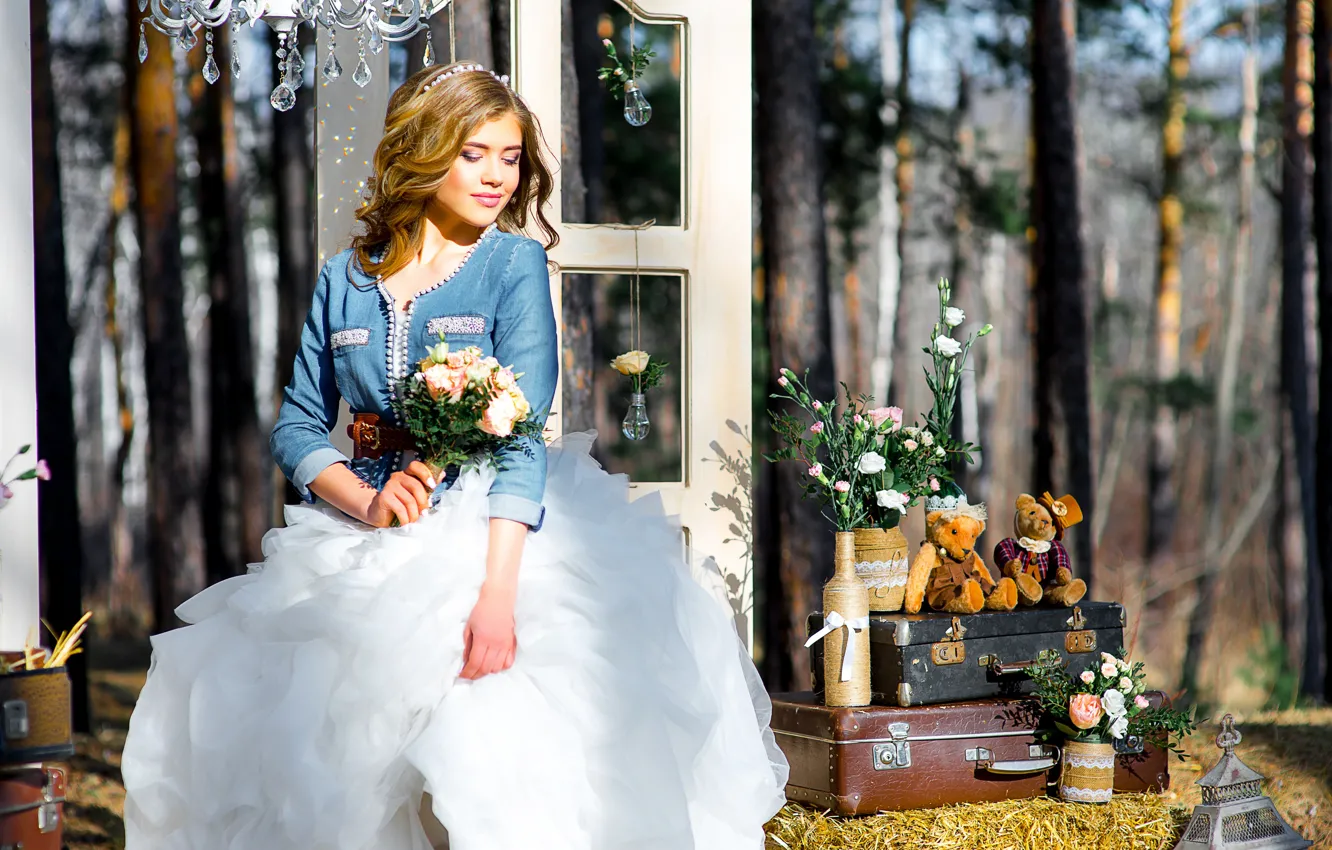 Photo wallpaper holiday, bouquet, bear, suitcase, the bride, wedding, decor