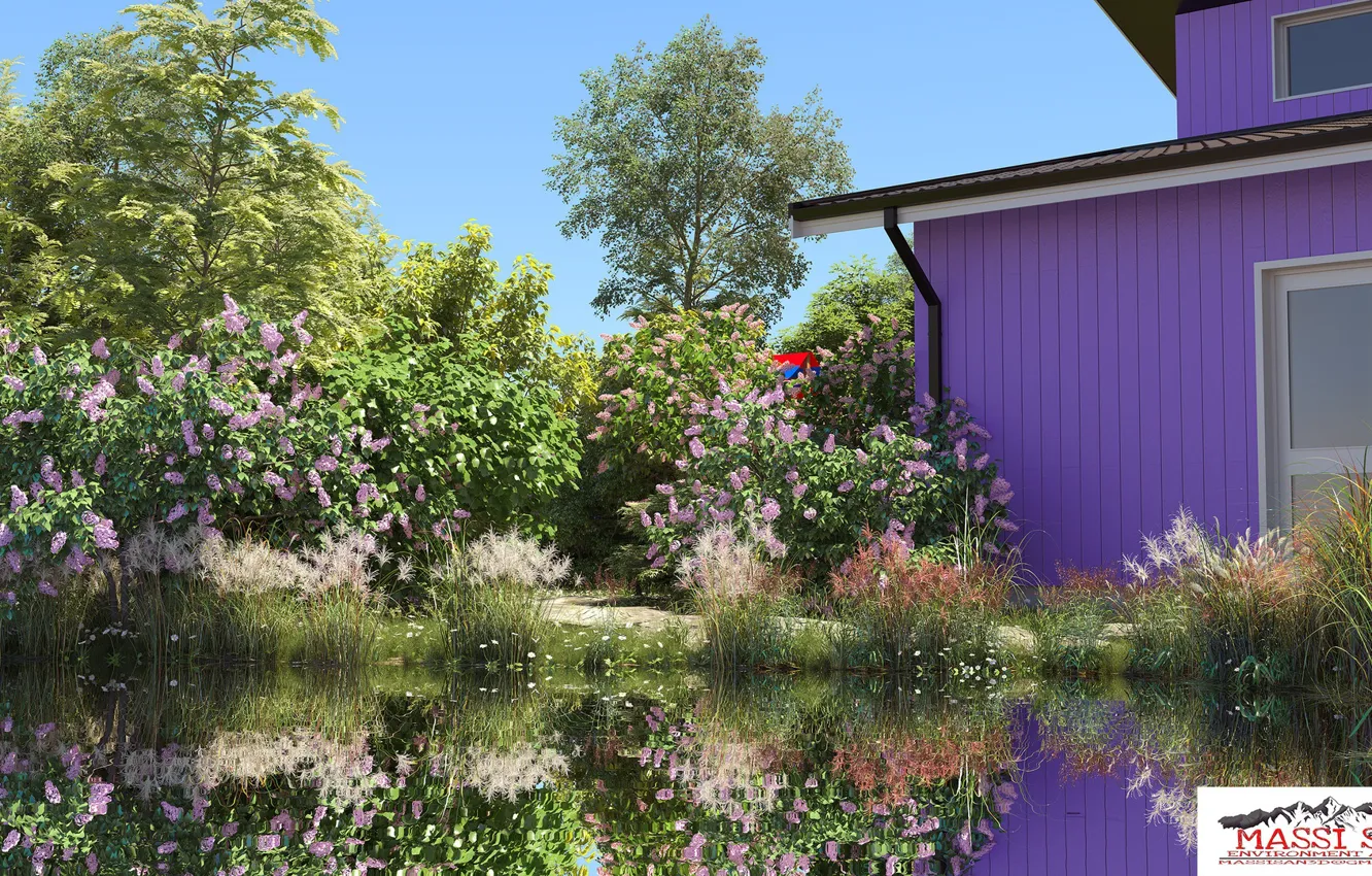 Photo wallpaper summer, vegetation, structure, pond, property