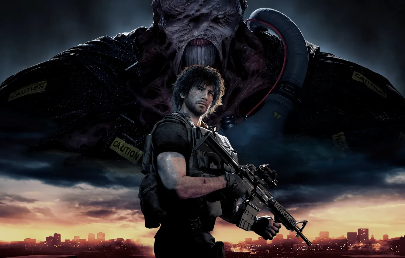 Photo wallpaper monster, guy, Resident Evil, machine gun, Carlos Oliveira, Resident Evil 3, Resident Evil 3 (2020)
