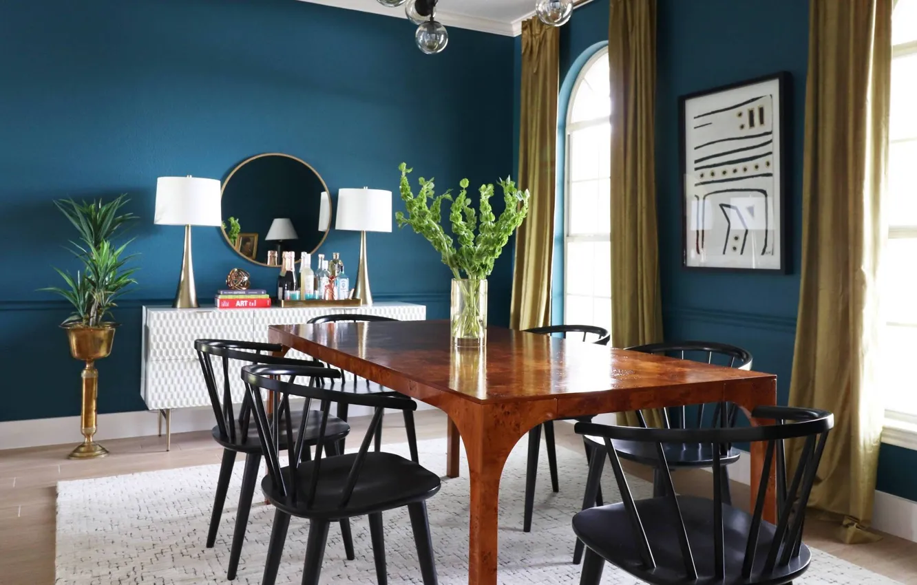 Photo wallpaper design, style, room, interior, dining room, blue color in the interior
