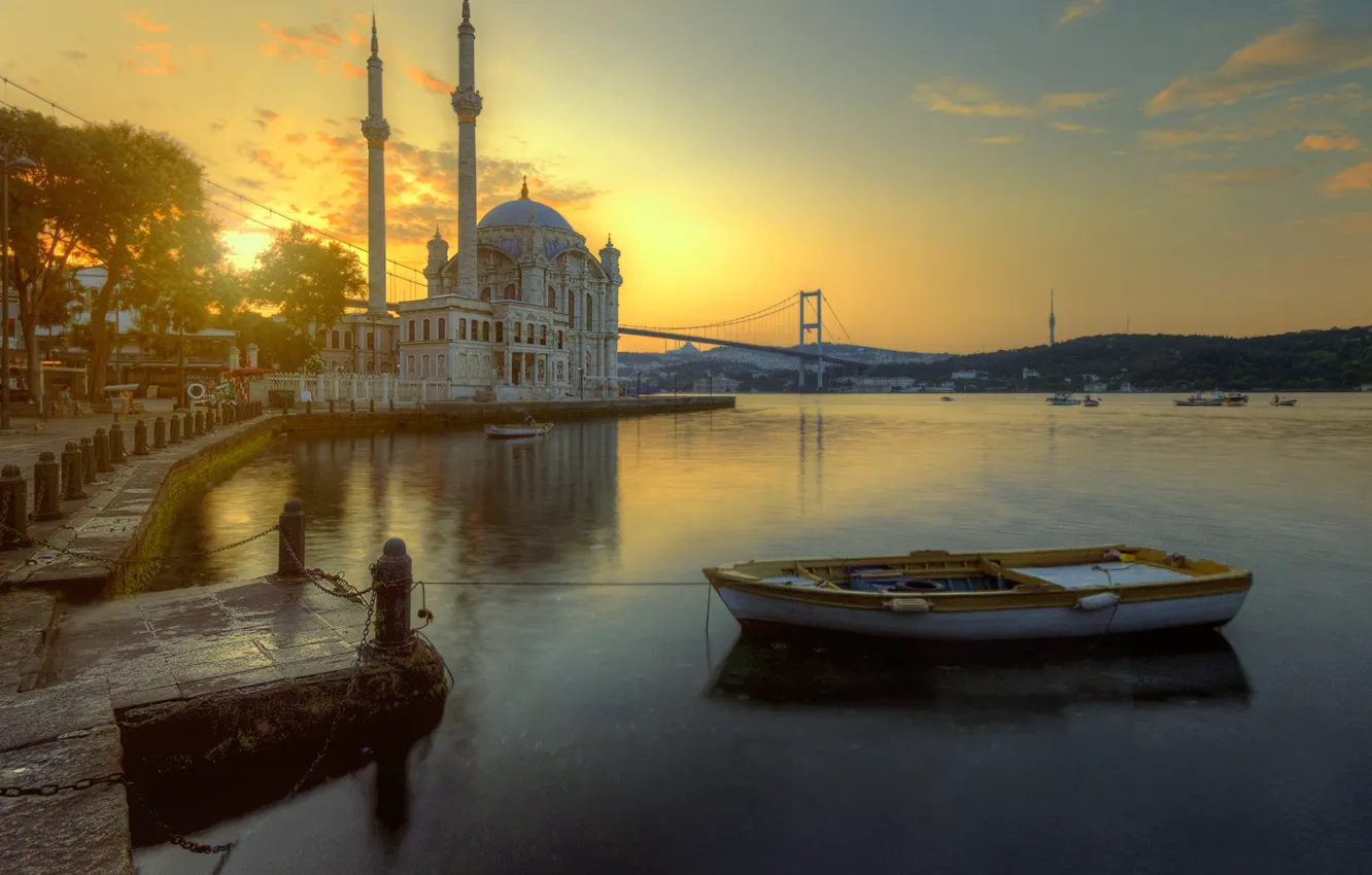 Photo wallpaper the city, shore, boat, mosque, Istanbul, Turkey