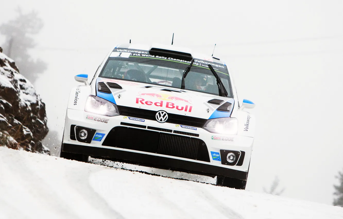 Photo wallpaper Winter, Auto, White, Snow, Volkswagen, Speed, Logo, Red Bull