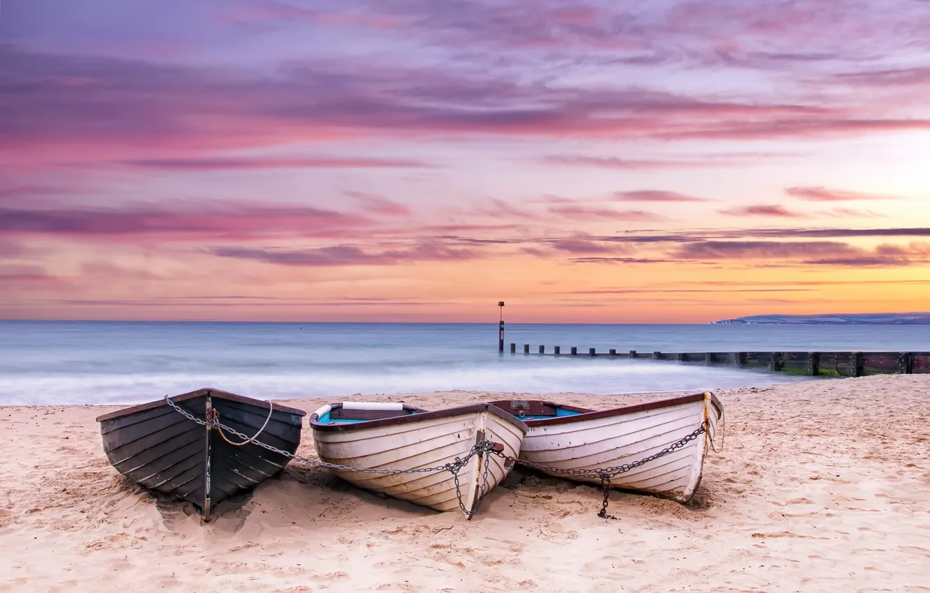 Photo wallpaper sea, sunset, shore, boat