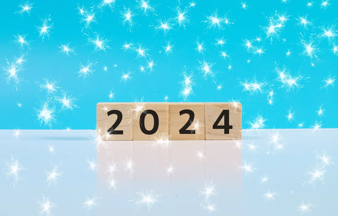 Photo wallpaper cubes, new year, figures, snowfall, blue background, date, 2024, New Year 2024