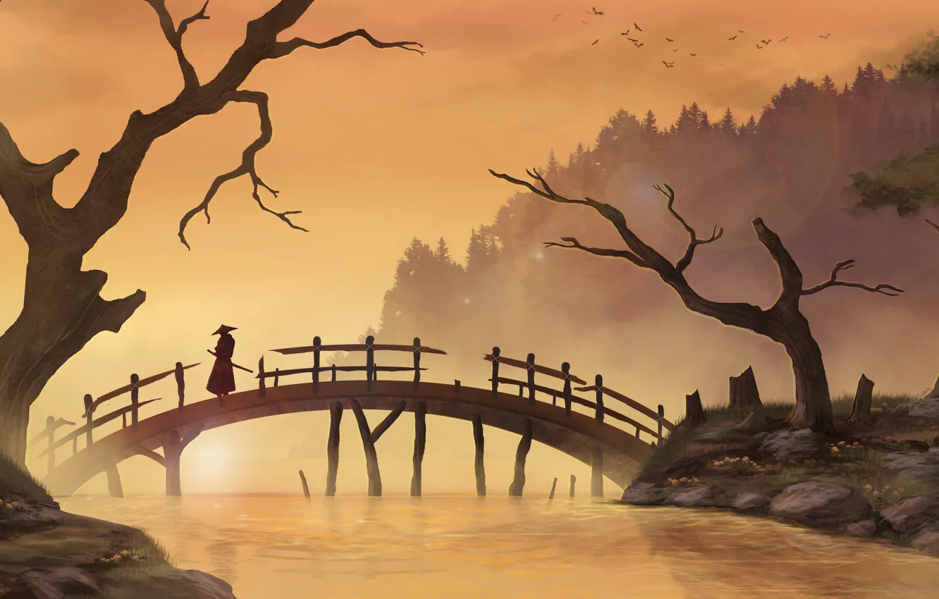 Photo wallpaper trees, bridge, river, Asia, art, samurai, male