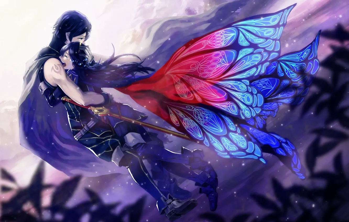 Photo wallpaper girl, weapons, wings, sword, anime, tears, art, hugs