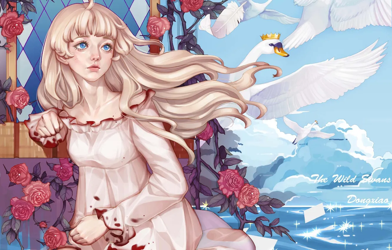 Photo wallpaper look, girl, flight, blood, roses, spikes, swans, art